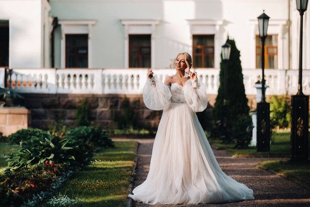 Beautiful bride in a luxurious wedding dress on a green natural background. Portrait of a happy bride in a white dress smiling on the background of the estate. - Foto, immagini