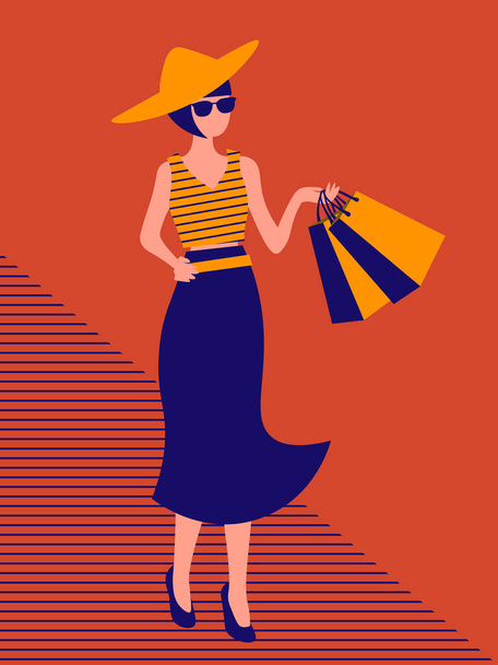 modische Frau mit breitem Hut mit Einkaufstaschen auf orangefarbenem Hintergrund - Vektor, Bild