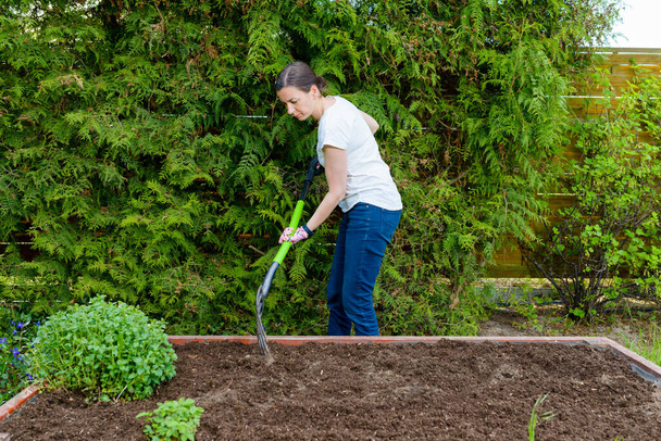 Ahşap bir sandıkta sebze ve ot yetiştirmek için toprağı bir yabayla gevşeten bir kadın. Bir sebze bahçesi. - Fotoğraf, Görsel
