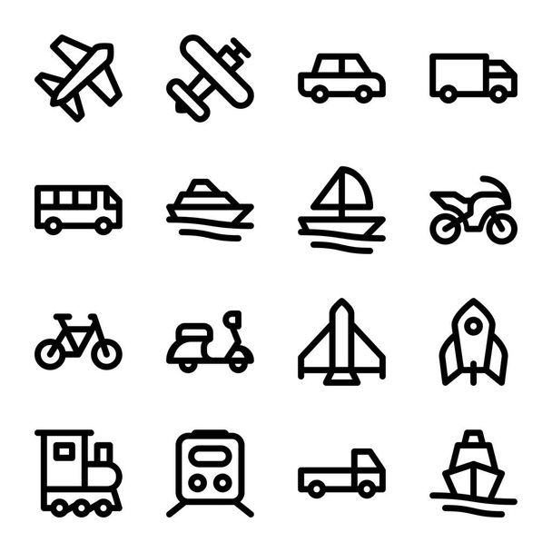 Yksinkertainen sarja kuljetusajoneuvojen vektorilinjan kuvakkeita. sisältää lentokoneen, auton, moottoripyörän, veneen, junan jne. kuvakkeet, täydellinen mihin tahansa tarkoitukseen
 - Vektori, kuva