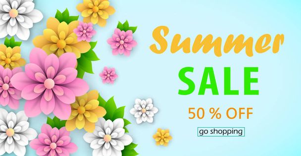 Beautiful abstract summer sale background layout for banners. Voucher discount with beautiful flowers. Vector design for shop poster, leaflet or web banner. Eps 10 - Vektör, Görsel