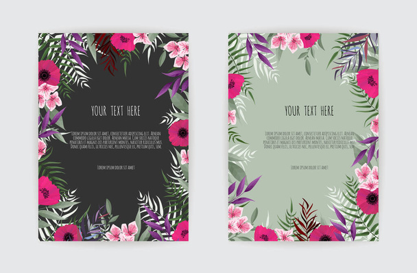 開花庭の花と夏の花グリーティングカード、水彩スタイルの植物イラスト - ベクター画像