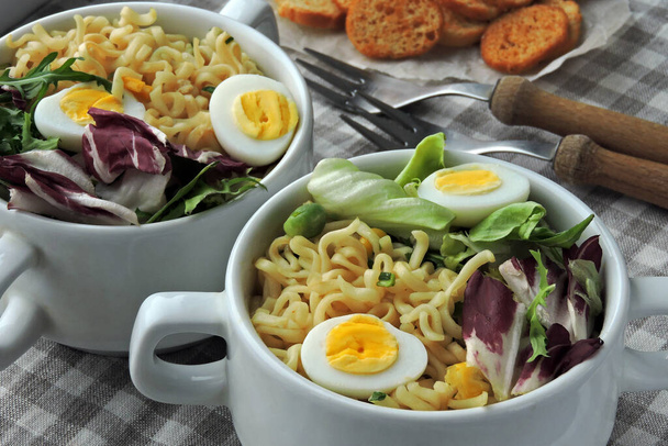 Noodles with salad and quail eggs. Healthy food. Diet food. - Photo, Image