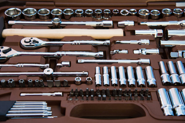 Box with set of tools for car repair, closeup - Valokuva, kuva