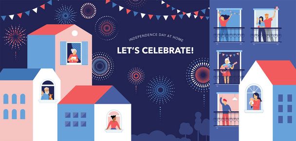 Celebration at home with neighbors. People standing on balconies, looking out of windows. Fireworks, independence day in the city.  - Vector, Image