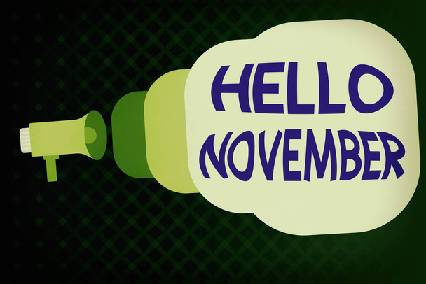 Piszę list z "Hello November". Prezentacja zdjęć biznesowych Witamy jedenasty miesiąc roku Miesiąc przed grudniem Megaphone wychodzi na kopercie ogłaszając i rozmawiając. - Zdjęcie, obraz