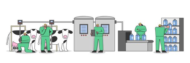 Концепция молочного производства. Люди используют доильный аппарат для коров, контролируют процесс производства молока
 - Вектор,изображение