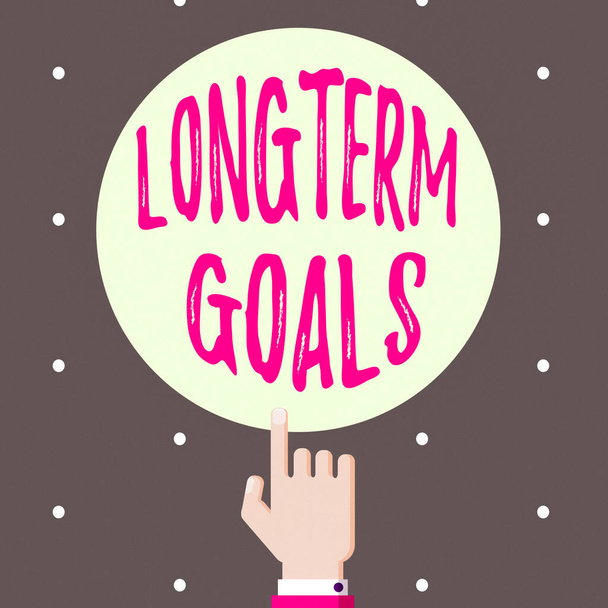 Conceptual hand writing showing Longterm Goals. Business photo text Strategic target that is required more time for completion Hand Pointing up Index finger Touching Solid Color Circle. - Photo, Image