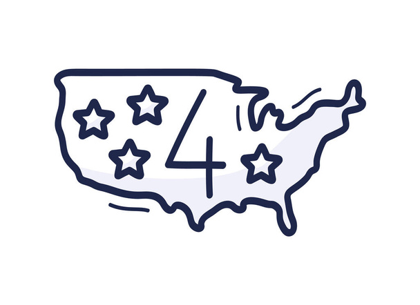 Ikona mapy USA s číslem 4. července je kreslena ručně v karikaturním stylu. Vektorová ilustrace pro Den nezávislosti ve Spojených státech - Vektor, obrázek