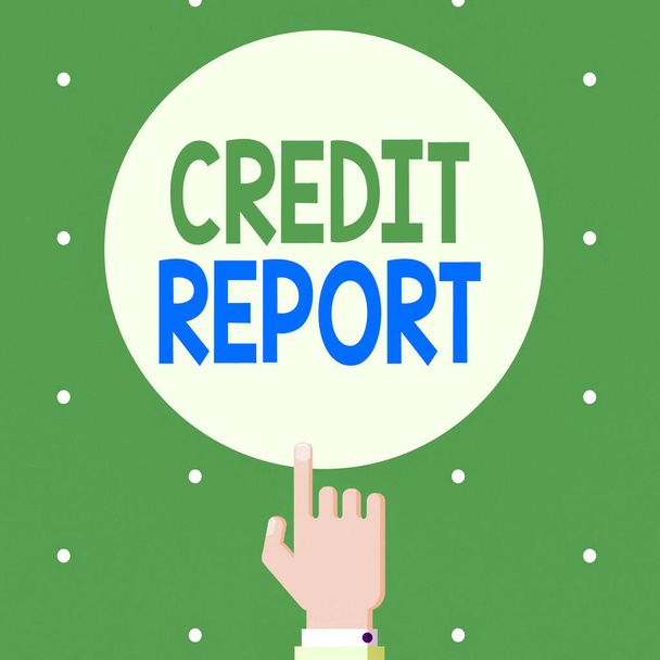 Text sign showing Credit Report. Conceptual photo Borrowing Rap Sheet Bill and Dues Payment Score Debt History Male Hu analysis Hand Pointing up Index finger Touching Solid Color Circle. - Photo, Image