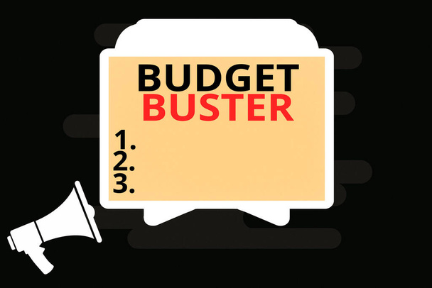 Tekst pisma Budżet Buster. Koncepcja oznacza beztroskie wydatki okazje Niepotrzebne zakupy Nadmierne wydatki Megafon i pusty ekran Tablet poziomo spoczywa na podstawce. - Zdjęcie, obraz