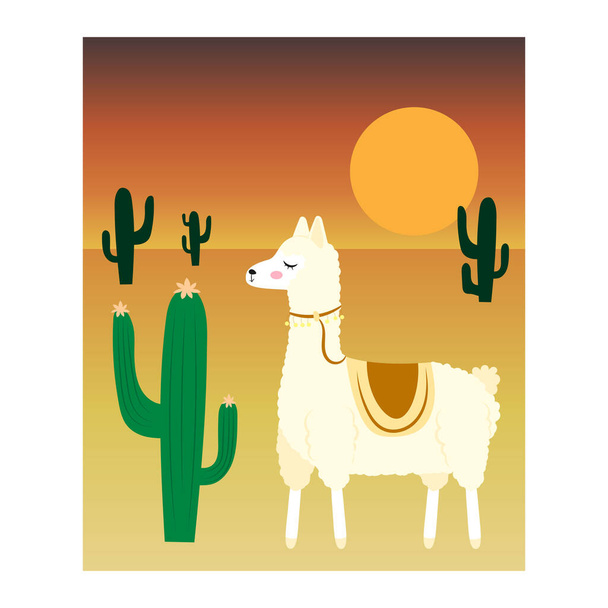 Cute cartoon barking flowers. Sunset in the desert. Big cacti. Vector illustration isolated on a white background. - Vector, afbeelding