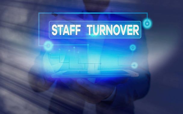 Conceptual hand writing showing Staff Turnover. Business photo showcasing The percentage of workers that replaced by new employees. - Photo, Image