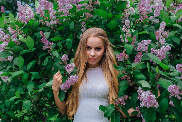 Spring portrait of a charming blond woman wearing beautiful white dress standing next to blooming purple lilac bush. - Foto, afbeelding