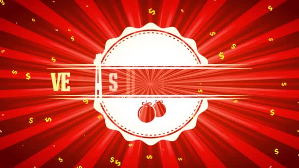 Škálování a rotace pohybu španělské Feliz Navidad Ventas De Vacaciones Vánoční dovolená Prodej s pozdravy Text na lesklé symbol nad červeným pozadím - Záběry, video