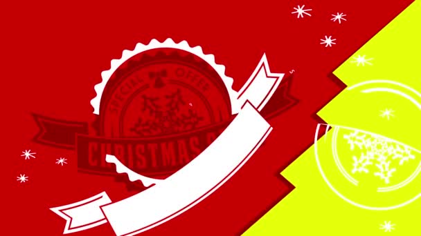 Springing Element Moving A Order To Compose Christmas Sale Sonderangebot Anzeige mit rundem Eindruck auf rotem Hintergrund mit grünem Baumdetail und Schneeflocken-Pudeln - Filmmaterial, Video