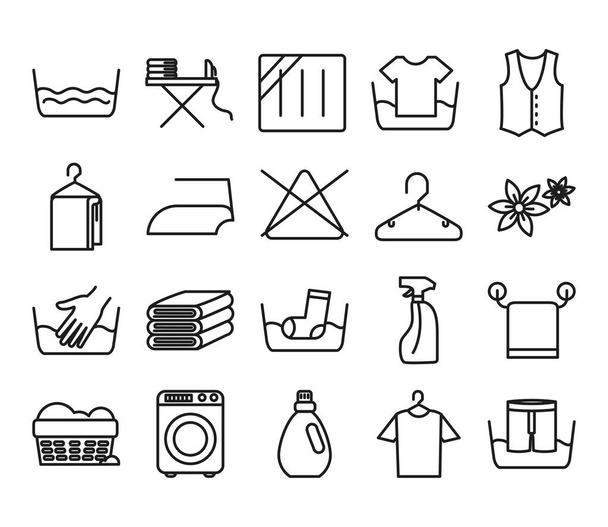 máquina de lavar roupa e têxteis cuidados símbolos ícone conjunto, estilo de linha
 - Vetor, Imagem