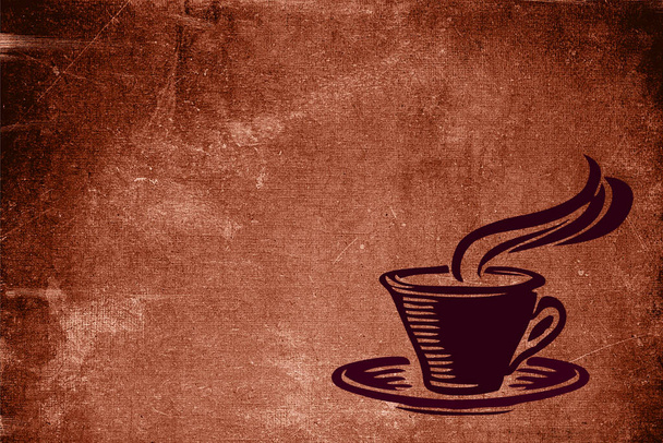 Brown grunge backdrop with an illustration of a mug of coffee. Background with coffee color and a cup. Copy space. Drawing of a hot cup of coffee. Backdrop. Close up mug of brown color. - Photo, Image