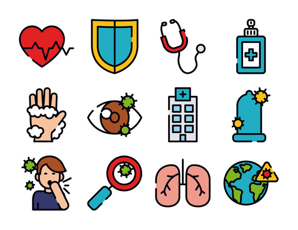 cardio heart and virus icon set, line and fill style - Vector, Image