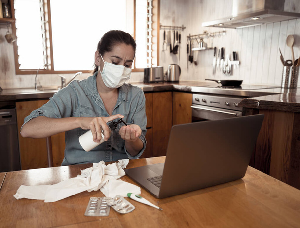 COVID-19 Online medical Consultation. Sick Woman with mask connecting with doctor on video call. Online Patient talking to physician for medical advice on treatment of coronavirus disease symptoms. - Photo, image