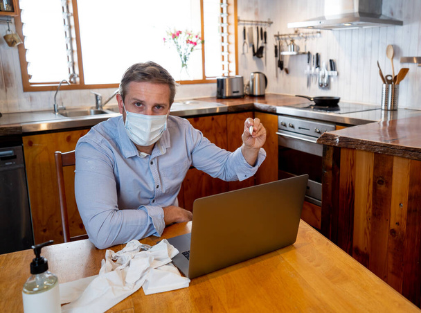 COVID-19 Online medical Consultation. Sick man with mask connecting with doctor on video call. Online Patient talking to physician for medical advice on treatment of coronavirus disease symptoms. - Fotoğraf, Görsel