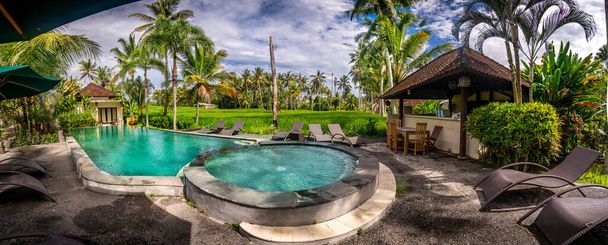 Pool view in Bali, Indonesia outside with green trees and blue skies - Foto, afbeelding