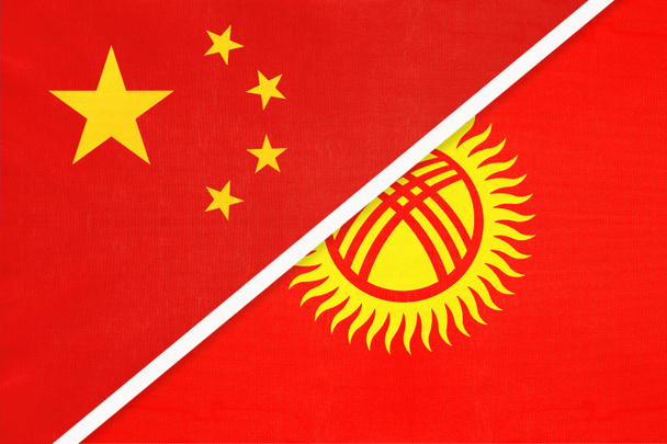 Chińska Republika Ludowa lub ChRL przeciwko Kirgistanowi lub Republice Kirgiskiej flaga narodowa z tekstyliów. Stosunki, partnerstwo i stosunki gospodarcze między dwoma krajami azjatyckimi. - Zdjęcie, obraz