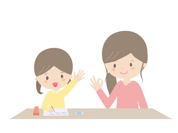 C'est une illustration d'une fille et d'une mère faisant des études à la maison.
. - Vecteur, image