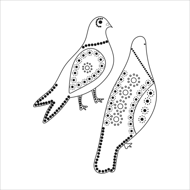 Sketch of two pigeons with a pattern of circles and flowers from the back - Διάνυσμα, εικόνα