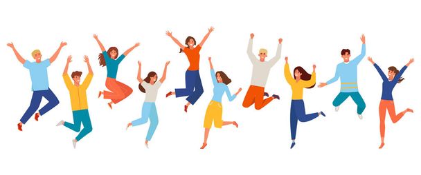 People happy jumping set. Young funny teens large group guy, girl, jumping together joy lifestyle celebration victory team smiling students celebrates success. Color cartoon vector. - Vector, Image