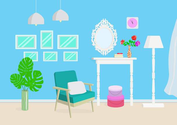Interior de una sala de estar con un sillón, un espejo, un jarrón de flores, una lámpara y marcos de fotos
 - Vector, Imagen