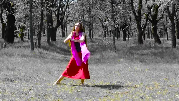 Beautiful young girl with long hair in a red dress is dancing in the forest. - Footage, Video