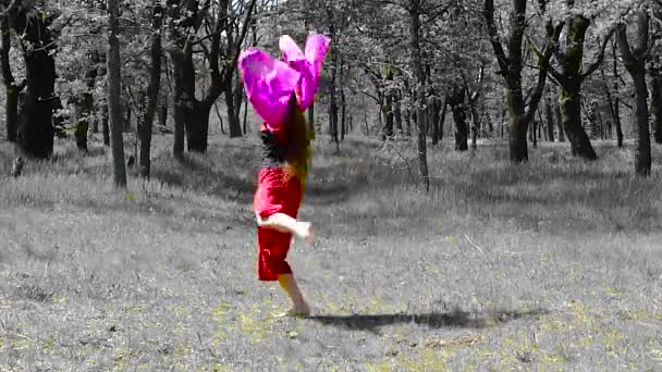 Красива молода дівчина з довгим волоссям в червоній сукні танцює в лісі
. - Кадри, відео