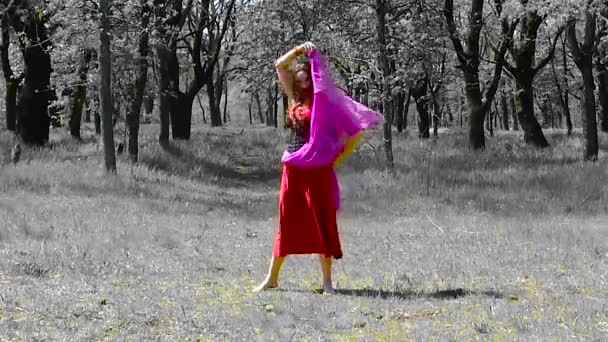 Schöne junge Mädchen mit langen Haaren in einem roten Kleid tanzt im Wald. - Filmmaterial, Video
