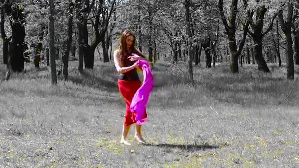Kaunis nuori tyttö pitkät hiukset punaisessa mekossa tanssii metsässä
. - Materiaali, video