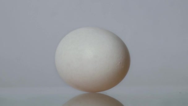 Eieren draaien van dichtbij. Kippenei draait op witte achtergrond. Eieren spinnen en rollen op de witte achtergrond. - Video