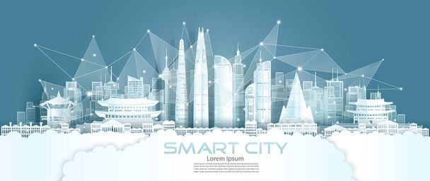 Technology wireless network communication smart city with architecture in south Korea downtown skyscraper on blue background, Illustration futuristic green city and panorama view. - Photo, Image