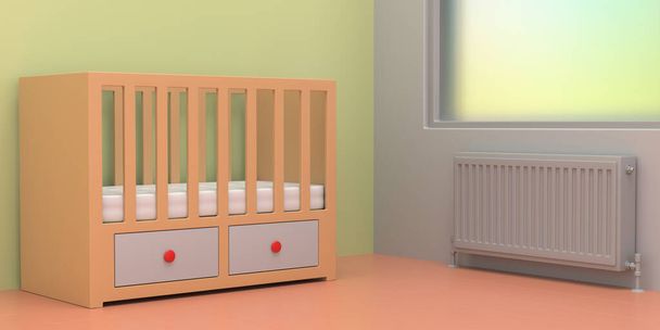 Wnętrze pokoju dziecięcego, łóżeczko dziecięce w pokoju pastelowych kolorów. Grzejnik i okna, ściany narożnik i podłoga. Ciepły pomysł na dom. Ilustracja 3D - Zdjęcie, obraz