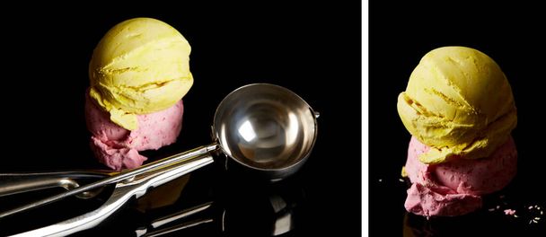 collage of delicious lemon, strawberry ice cream balls with scoop on black - Foto, Imagen