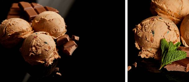коллаж из свежего вкусного шоколадного мороженого с мятными листьями на черном
 - Фото, изображение