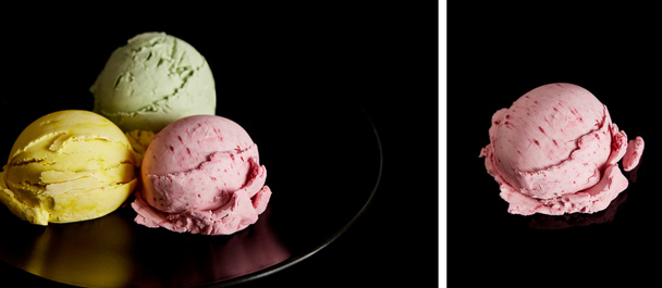 collage of delicious yellow, pink and green ice cream balls on plate isolated on black - Foto, immagini