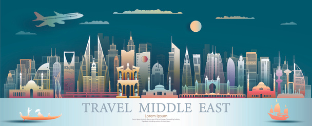 Středovýchodní orientační body Asie s barevnými starobylé a moderní architektury pozadí. Cestovní ruch arabské do Saúdské Arábie, Katar, Bahrajn, SAE, Kuvajt, jordan, Obchodní brožura design. Ilustrace pro cestovní památky. - Fotografie, Obrázek