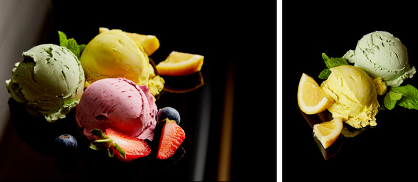 kolaż pysznych kulek do lodów cytrynowych, jagodowych i miętowych na czarno - Zdjęcie, obraz