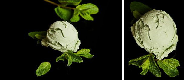 collage of fresh delicious green mint ice cream with leaves isolated on black - Foto, afbeelding