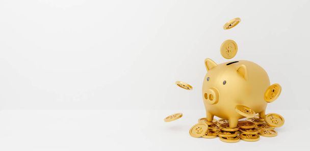 3d gold piggy bank isolated on white background abstract with gold coins falling. 3d rendering for advertisement board, investment banking financial. Save money business finance. Pig money box icon. - Foto, Imagen