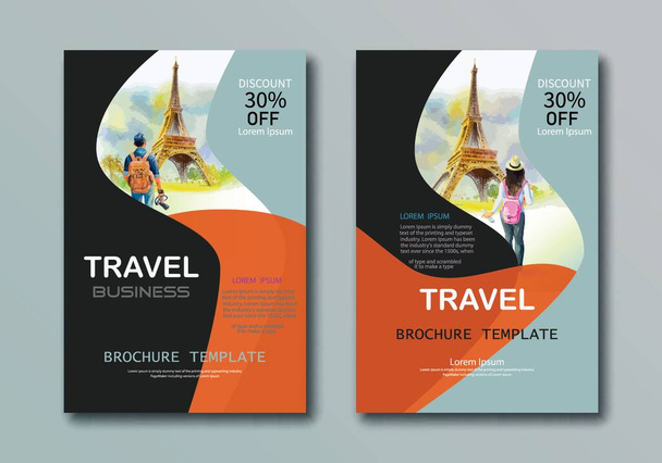 Ejemplo de presentación de folletos de diseño de cubiertas de diseño para viajes de negocios, Diseño publicitario con fondo de acuarela, plantilla de ilustración en tamaño A4 para catálogo, boletín de noticias, sitio web.. - Foto, imagen