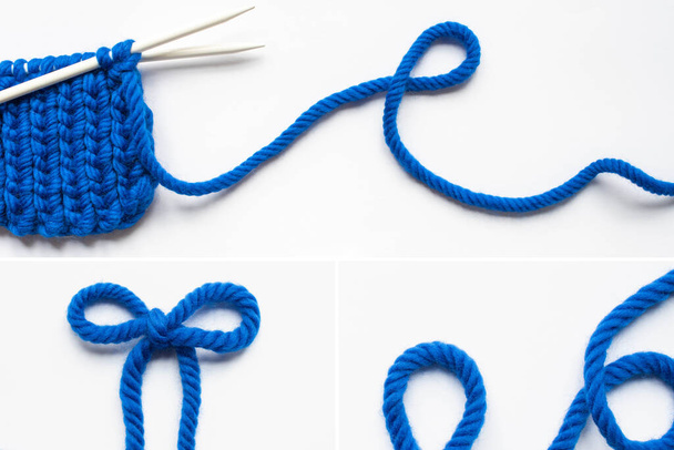 fil de laine bleue et aiguilles à tricoter sur fond blanc
 - Photo, image