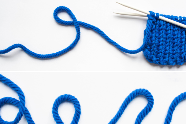 collage of blue wool yarn and knitting needles on white background - Foto, Bild