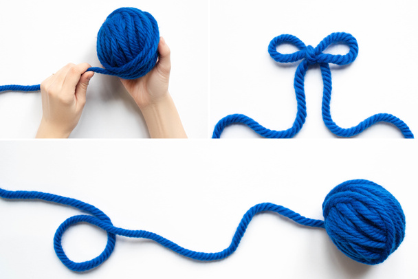 collage of blue wool yarn and female hands on white background - Photo, Image