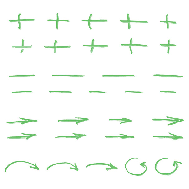 Satz hellgrüner Vektor-Markierungsstriche für Textakzentuierung, Pfeile, Unterstriche, plus Zeichen - Vektor, Bild